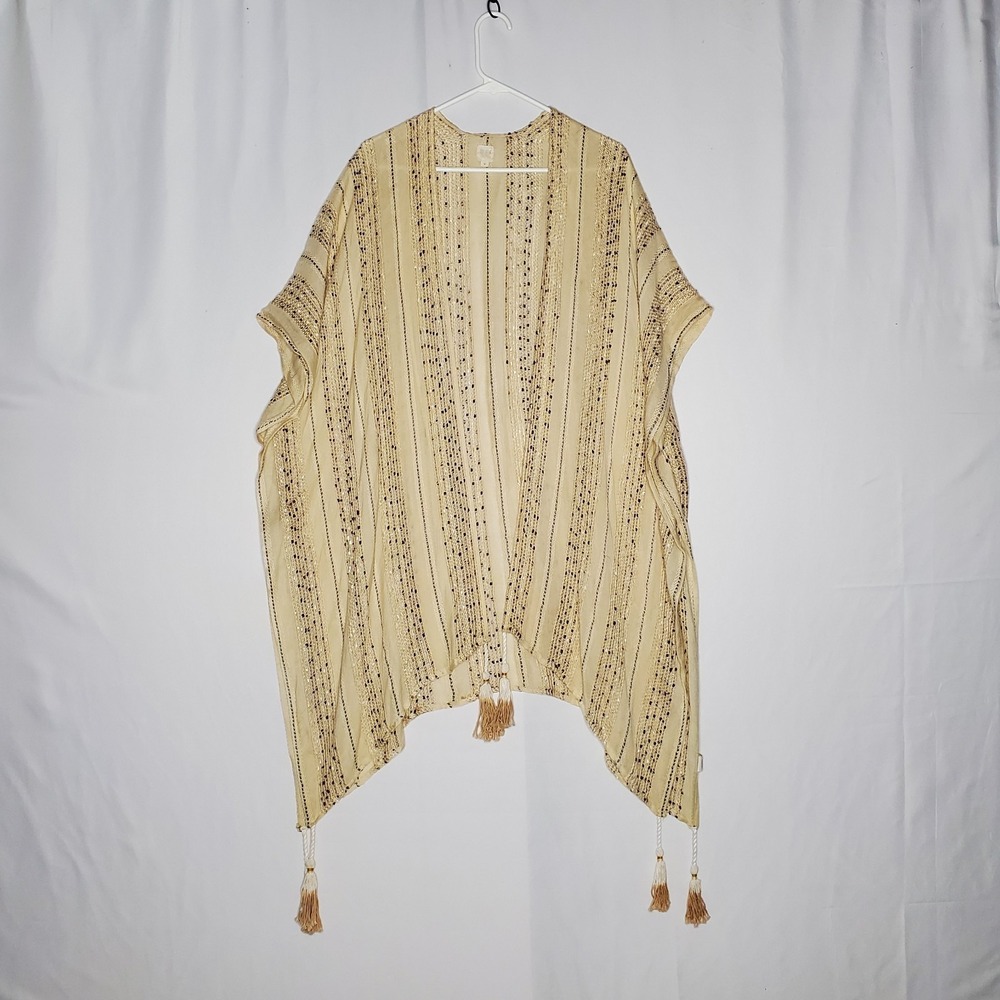 Surf Gypsy Cover Up Medium Beige Textured Stripe Tassel Boho Airy Minimalist